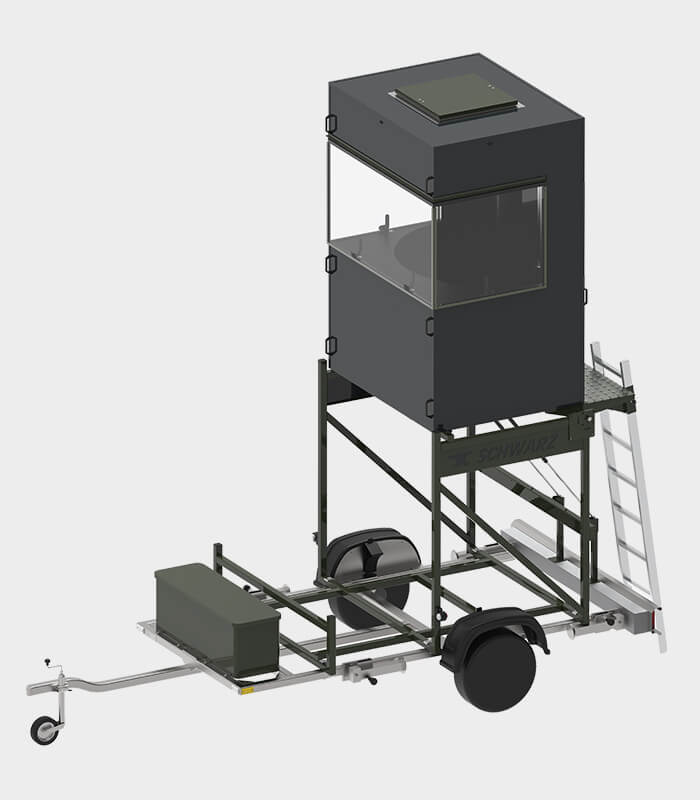Gesamtansicht der mobilen Jagdkanzel der Farbe schwarz. Zu sehen ist die Jagdkanzel in ausgeklapptem Zustand.